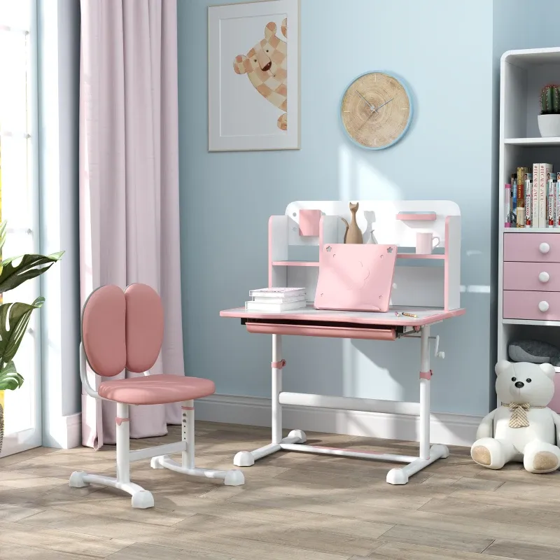 Qaba Juego de escritorio y silla para niños de altura ajustable para escribir y dibujar con escritorio inclinable, cajón de almacenamiento y estante de lectura