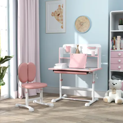 Qaba Juego de escritorio y silla para niños de altura ajustable para escribir y dibujar con escritorio inclinable, cajón de almacenamiento y estante de lectura