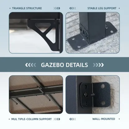 Sonegra Gazebo pérgola de pared resistente de 10'x14', toldo exterior de aluminio negro con paneles transparentes para patio, terraza y patio trasero