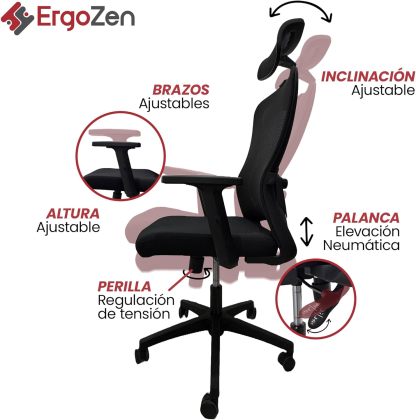 ERGOZEN Silla de Oficina Ergonómica Ejecutiva. Silla Escritorio con Cabecera y Soporte Lumbar Ajustable, Silla ergonomica de Escritorio con Respaldo de Malla y reposabrazos Ajustable.
