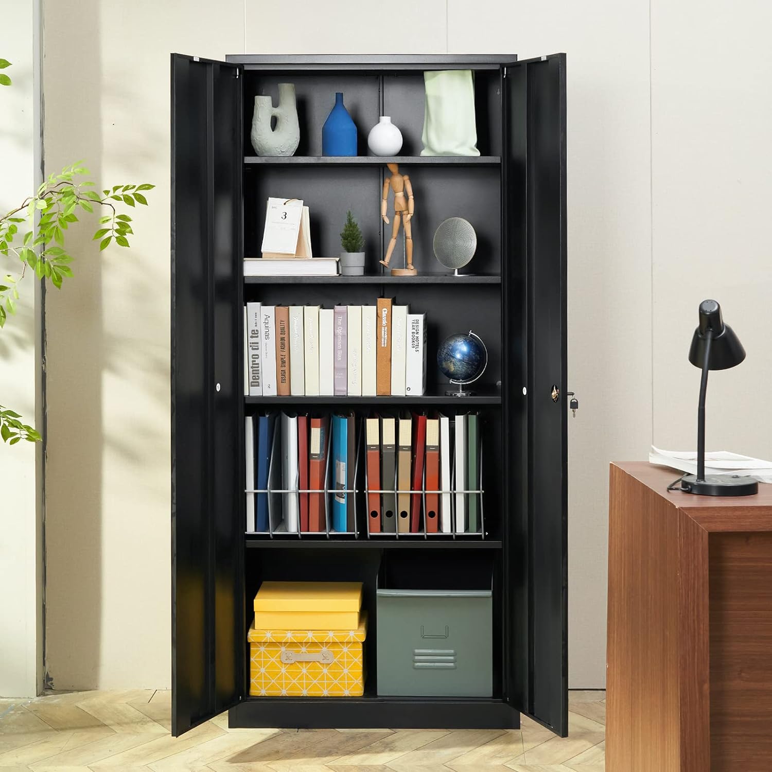 Metal Storage Cabinet with Wheels, 75'' Locking Steel Storage Cabinet with 2 Magnetic Doors and 4 Adjustable Shelves for Office, Garage, Home