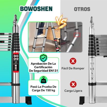 Escalera Telescópica 5 Metros Escalera de Tijera Aceros Inoxidables Plegable 2.5M+2.5M, Multiusos Retráctil Portátiles, Soporta 150 kg con Bloqueos de Seguridad