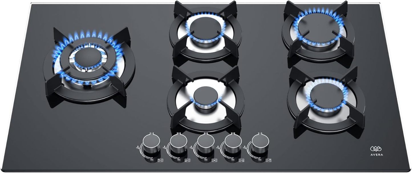 AVERA Parrilla de gas 3 quemadores Premium, Superficie de vidrio templado 60 cm, Soportes Hierro fundido, Encendido Electronico, Estufa Empotrable para Gas LP y Natural, Incluye espreas | VT3