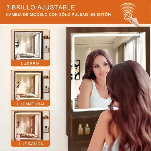 Tocador De Dormitorio Con Luces Led Y Dos Espejos Con Banco