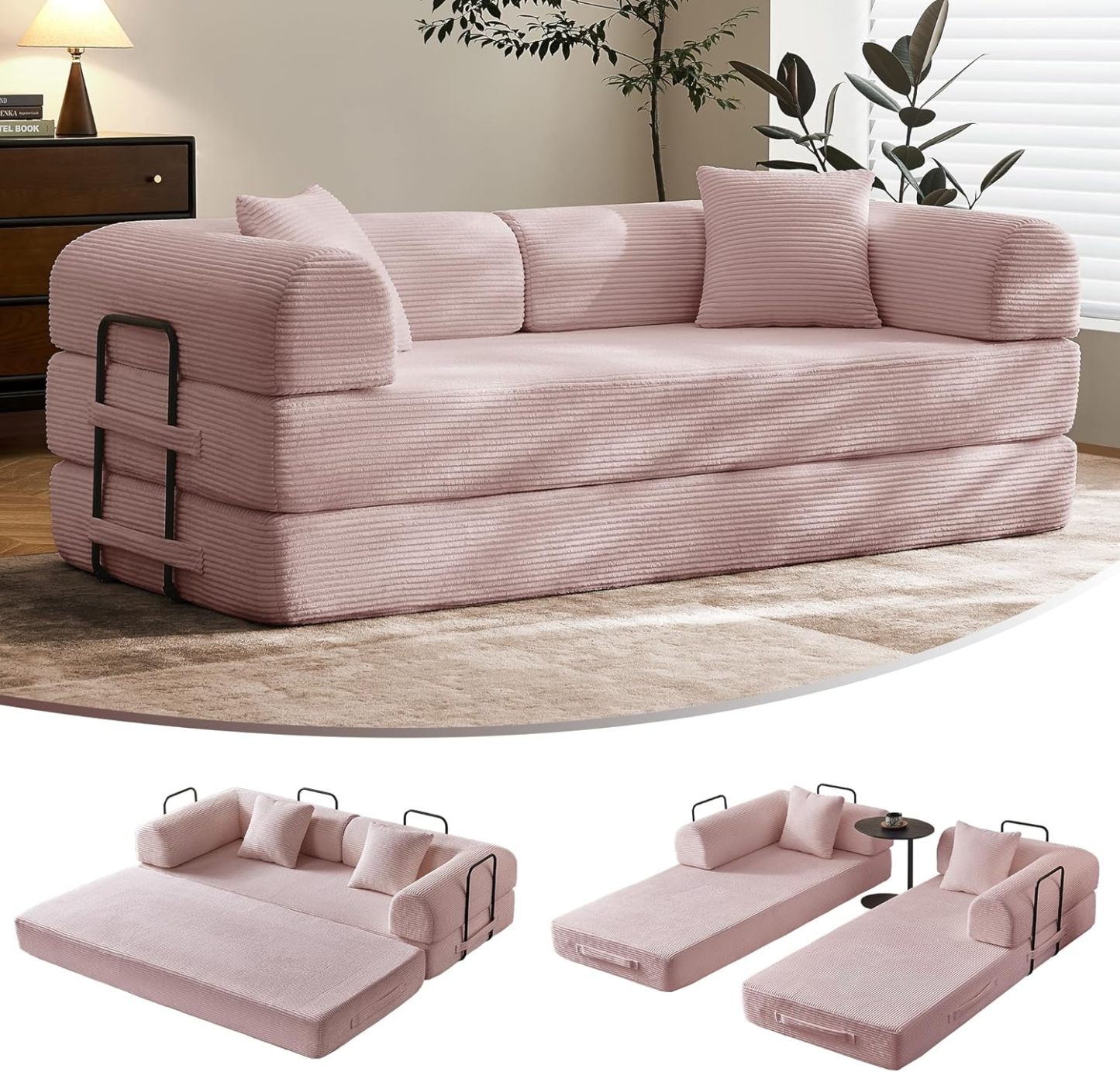 🛋️ Sofá Cama Convertible 79 Pulgadas, Diseño Deshuesado, Mueble Multifuncional para Sala de Estar, Colores Beige y Blanco