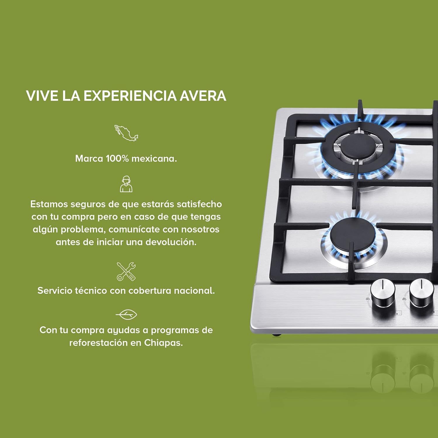Parrilla de gas AVERA 4 fuegos, 60 cm de acero inoxidable (incluidos accesorios de montaje), encendido electrónico, pomos metálicos, placa integrada, apta para GLP y gas natural, AI4