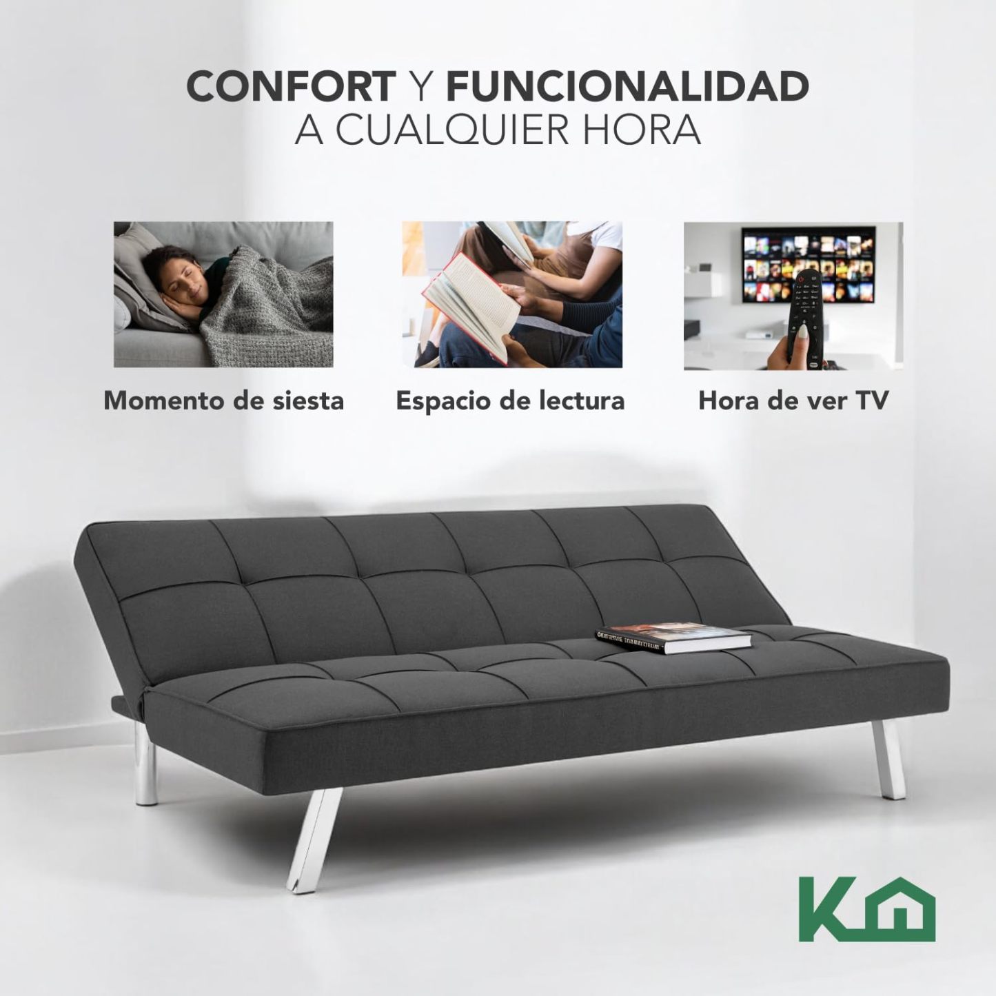 Kingshouse | Sillón Sofá Cama Plegable Vega - Sala Moderna Minimalista - Tapizado Poliéster - Acolchoado - Estructura De Madera - Gris - para 3 Personas - Departamento o Casa