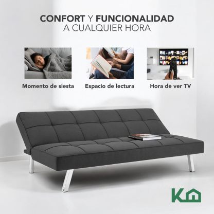Kingshouse | Sillón Sofá Cama Plegable Vega - Sala Moderna Minimalista - Tapizado Poliéster - Acolchoado - Estructura De Madera - Gris - para 3 Personas - Departamento o Casa