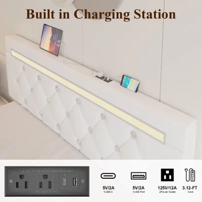 Marco de cama con plataforma tapizada en cuero de tamaño completo con luces LED y 4 cajones