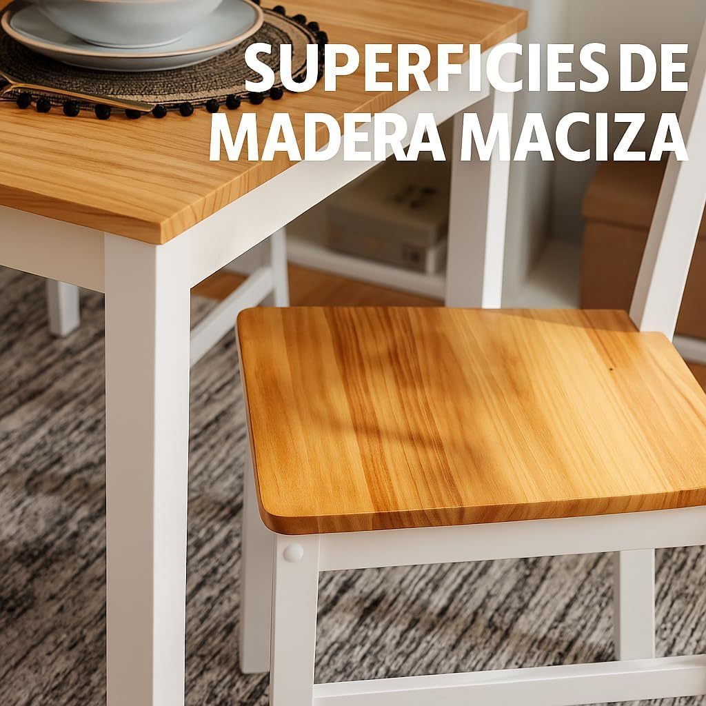 Mesa De Comedor Blanco con 4 Sillas, Madera De Pino, Resistente, Interiores Y Exteriores