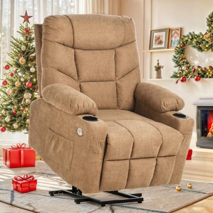 YITAHOME Silla reclinable con elevación eléctrica para Ancianos, Silla reclinable de Tela con Masaje y Calor, Asiento Espacioso, Puertos USB, portavasos, Bolsillos Laterales, Control Remoto (café)