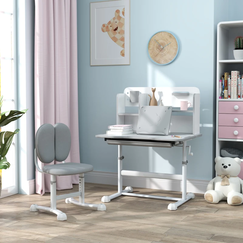 Qaba Juego de escritorio y silla para niños de altura ajustable para escribir y dibujar con escritorio inclinable, cajón de almacenamiento y estante de lectura