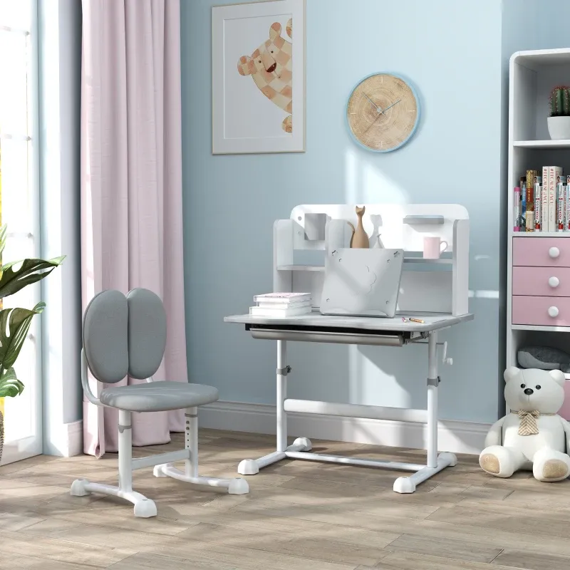 Qaba Juego de escritorio y silla para niños de altura ajustable para escribir y dibujar con escritorio inclinable, cajón de almacenamiento y estante de lectura