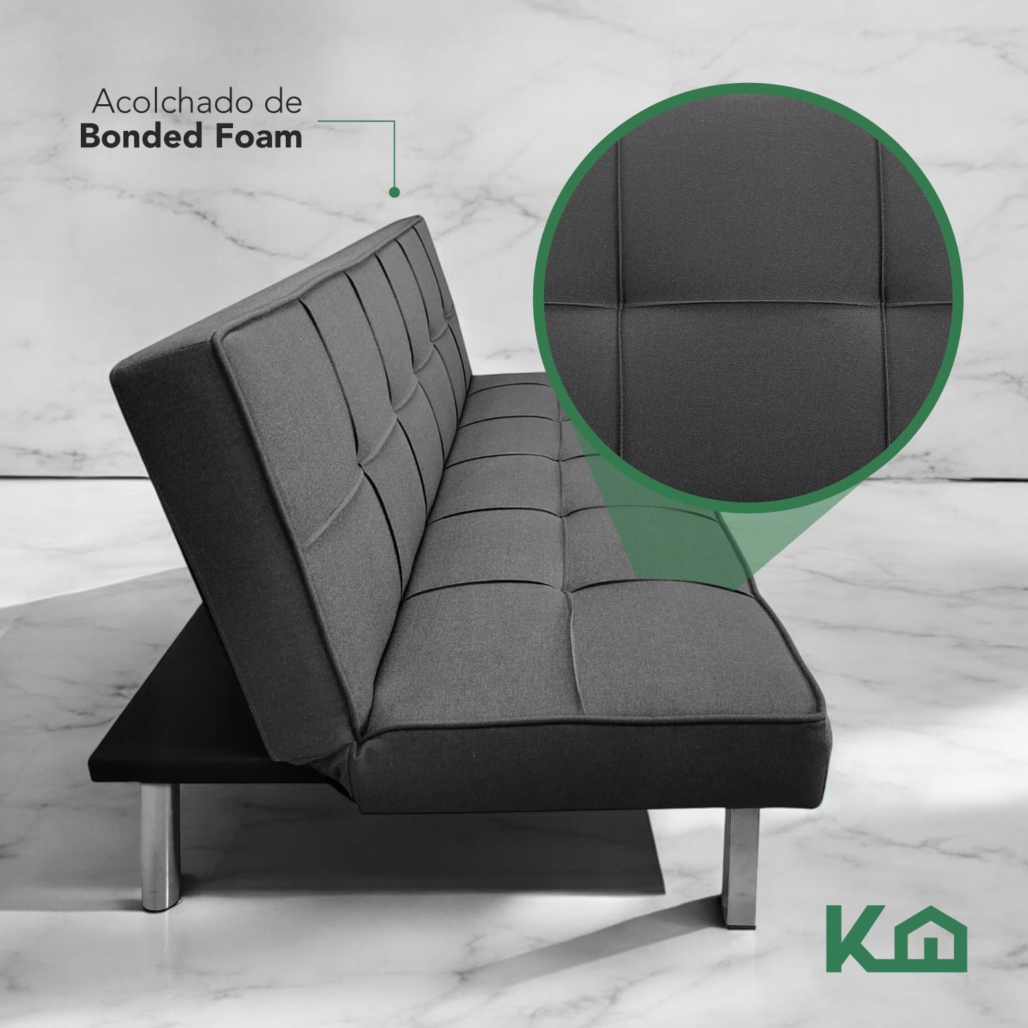 Kingshouse | Sillón Sofá Cama Plegable Vega - Sala Moderna Minimalista - Tapizado Poliéster - Acolchoado - Estructura De Madera - Gris - para 3 Personas - Departamento o Casa