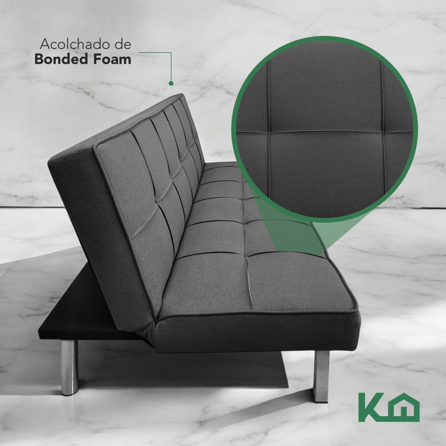 Kingshouse | Sillón Sofá Cama Plegable Vega - Sala Moderna Minimalista - Tapizado Poliéster - Acolchoado - Estructura De Madera - Gris - para 3 Personas - Departamento o Casa