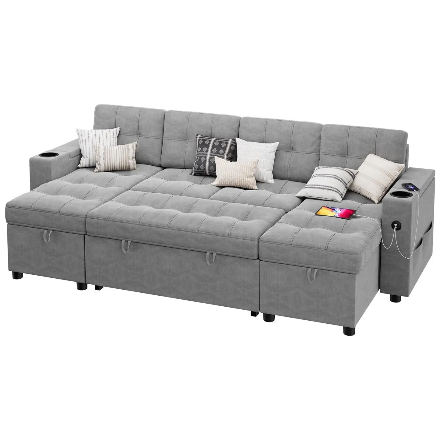 🔥Sofá seccional en forma de U con chaise doble Sofá cama extraíble 2 en 1 USB-A tipo C