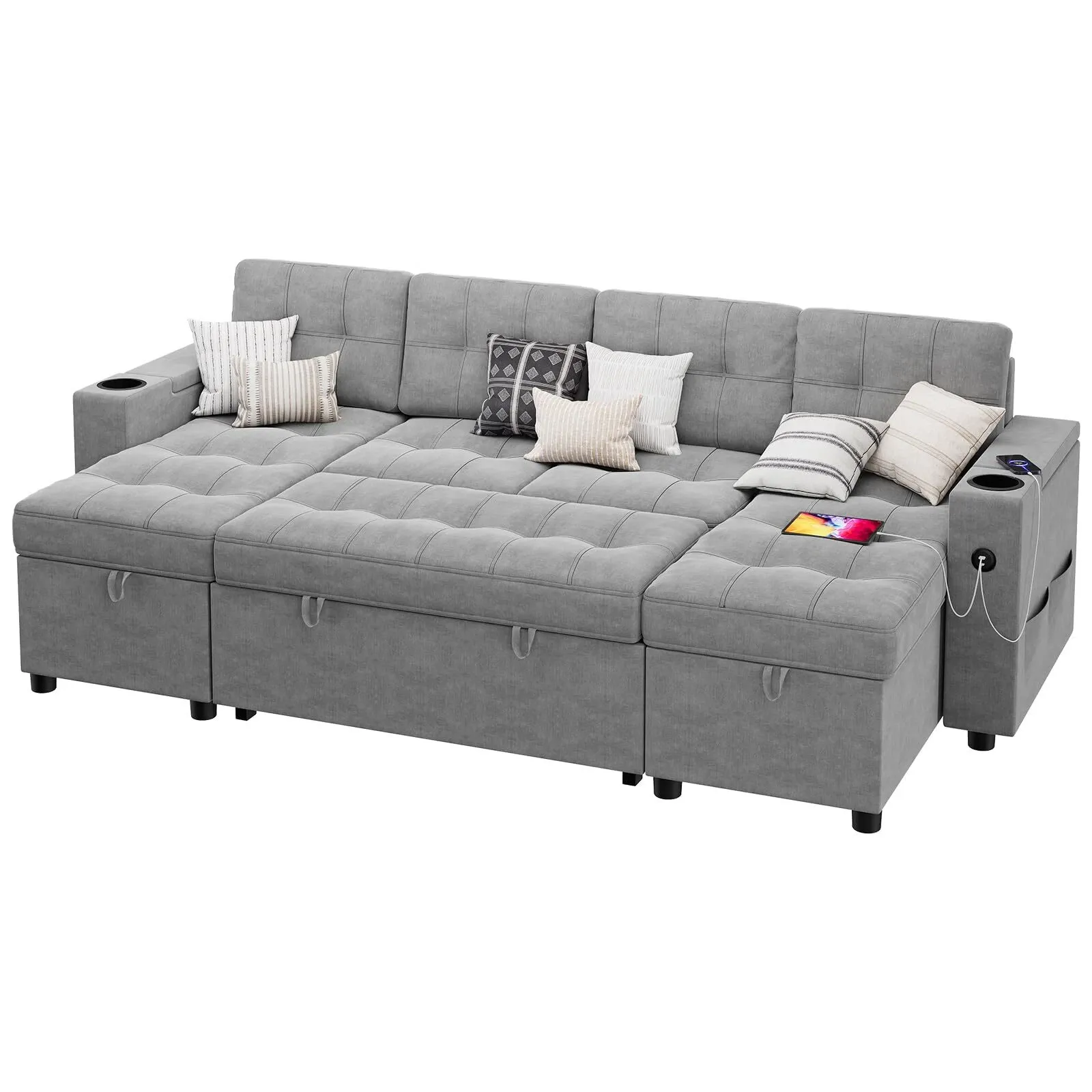 🔥Sofá seccional en forma de U con chaise doble Sofá cama extraíble 2 en 1 USB-A tipo C