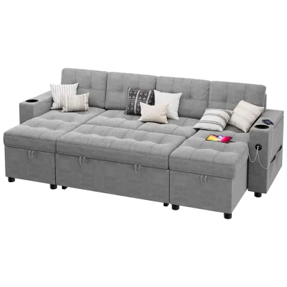 🔥Sofá seccional en forma de U con chaise doble Sofá cama extraíble 2 en 1 USB-A tipo C