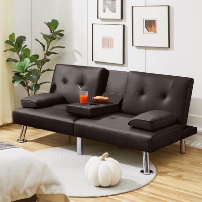 Yaheetech - Sofá cama convertible ajustable, moderno sillón reclinable, piel sintética, plegable, cama de invitados, reposabrazos extraíbles, portavasos 3 ángulos, capacidad de 317 kg, blanco