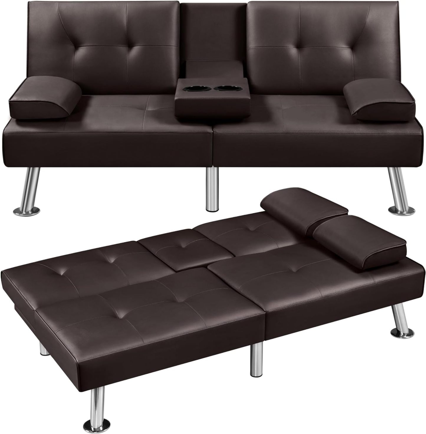 Yaheetech - Sofá cama convertible ajustable, moderno sillón reclinable, piel sintética, plegable, cama de invitados, reposabrazos extraíbles, portavasos 3 ángulos, capacidad de 317 kg, blanco