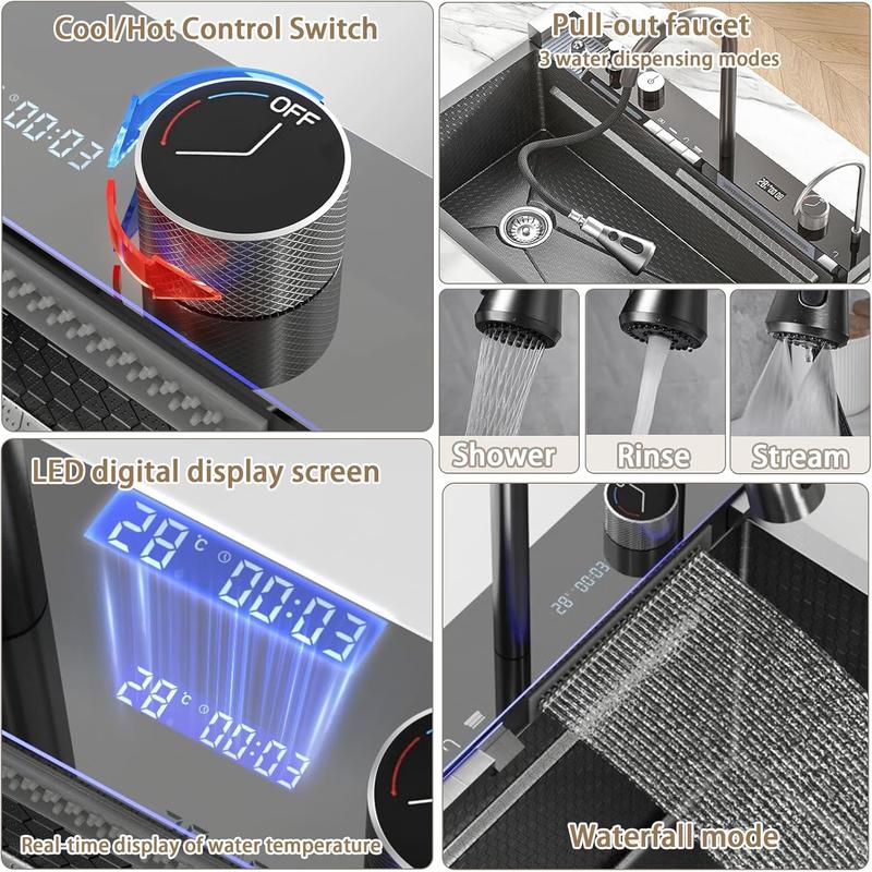 Fregadero de cocina multifuncional,tarjas para cocina acero inoxidable de 75x46 cm con pantalla digital,dispensador de jabón,tabla de cortar de doble cara fregadero de lujo con varios accesorios