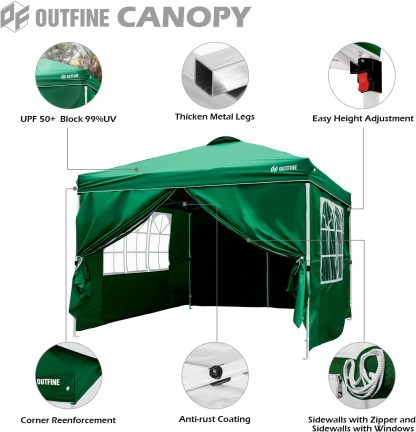 OUTFINE - Toldo desplegable de 10 x 10 pies, para cenador instantáneo, totalmente impermeable, toldos para fiestas al aire última intervensión con 4 paredes laterales extraíbles, estacas x 8, cuerdas x 4 (negro, 10 x 10 pies)