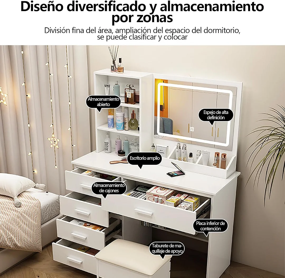 Tocador,Tocador de Maquillaje con Luces de Espejo, Vanity Tocador con 5 Cajones,Estantes de Almacenamiento,Taburete Acolchado, Tocador con 3 Estantes, Mesa de Maquillaje para Dormitorio Blanco