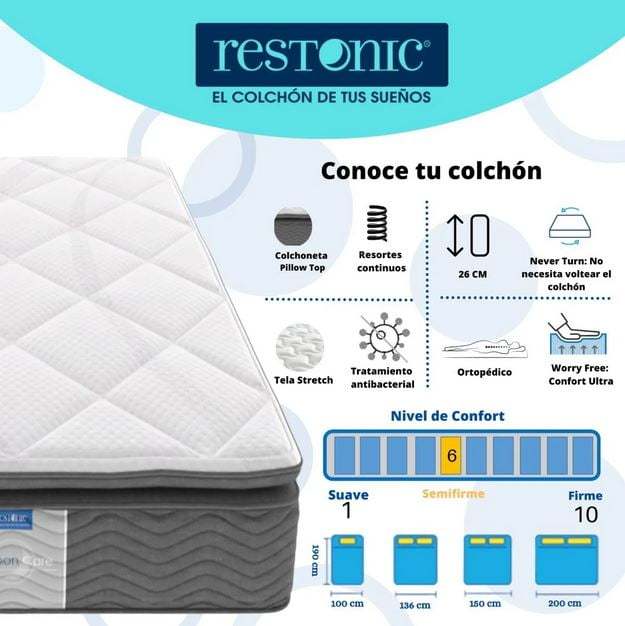 Colchón Matrimonial Restonic Mooncare 2 Almohadas Blanco