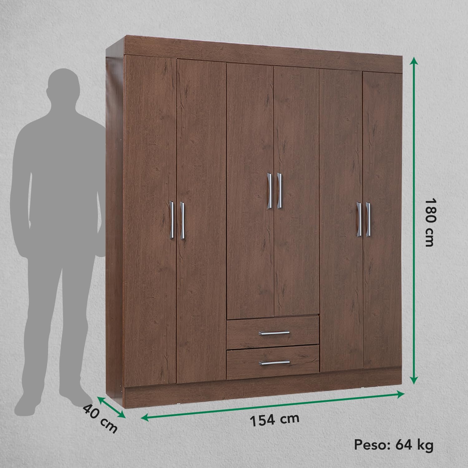 Kingshouse | Ropero De 6 Puertas con 2 Cajones – Color Café – Barra para Colgar – Estructura MDP – Mueble Organizador De Ropa – Armario para Casa, Recámara y Hogar