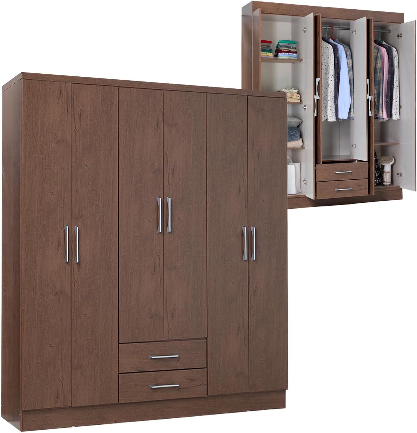 Kingshouse | Ropero De 6 Puertas con 2 Cajones – Color Café – Barra para Colgar – Estructura MDP – Mueble Organizador De Ropa – Armario para Casa, Recámara y Hogar