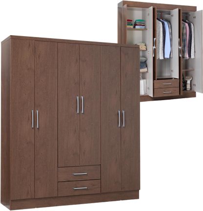 Kingshouse | Ropero De 6 Puertas con 2 Cajones – Color Café – Barra para Colgar – Estructura MDP – Mueble Organizador De Ropa – Armario para Casa, Recámara y Hogar