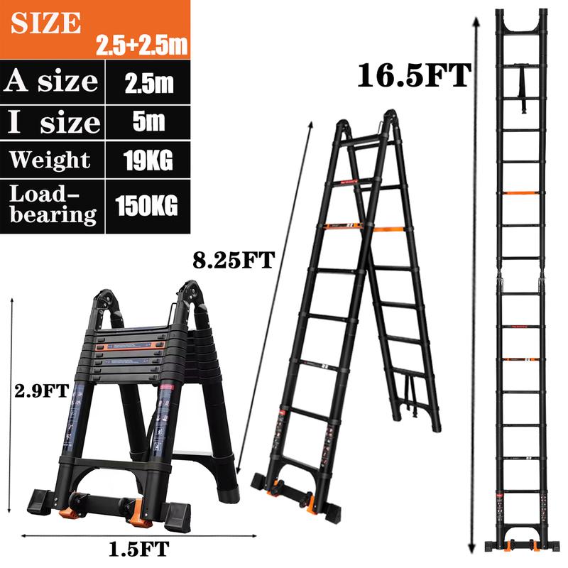 Escalera telescópica de 5 metros (16,5 pies) con estructura en A, escalera plegable portátil de extensión, escalera telescópica compacta multiusos para trabajos al aire libre, capacidad máxima de 150 kg (330 lbs), TikTokShopBlackFriday