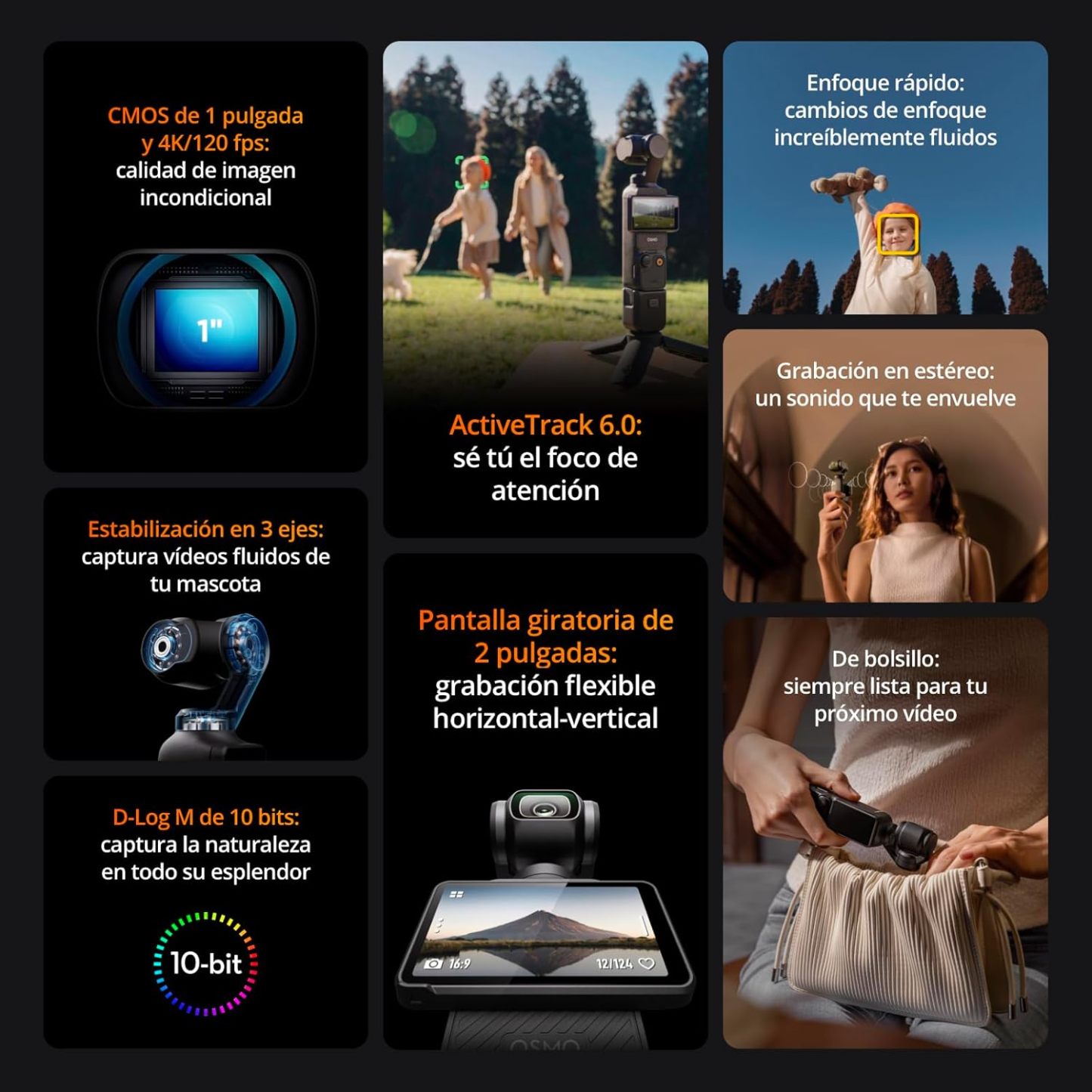 dji Osmo Pocket 3, cámara Vlogs con CMOS 1'' y vídeo 4K/120 fps, estabilización en 3 Ejes, Enfoque rápido, Seguimiento de Caras/Objetivos, Pantalla táctil giratoria de 2", cámara de vídeo pequeña