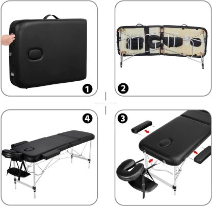 Yaheetech - Mesas de Masaje portátil para Tatuaje, Cama Ajustable de Aluminio, 3 Camas de SPA Plegables con Bolsa no Tejida, 24 Pulgadas de Ancho, Color Negro