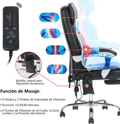 Silla Oficina Masaje con Respaldo Alto y 6 Puntos Masaje, Silla Escritorio Ejecutiva Ergonómica con Reposapiés y Apoyabrazos, Altura del Asiento Ajustable, Negro