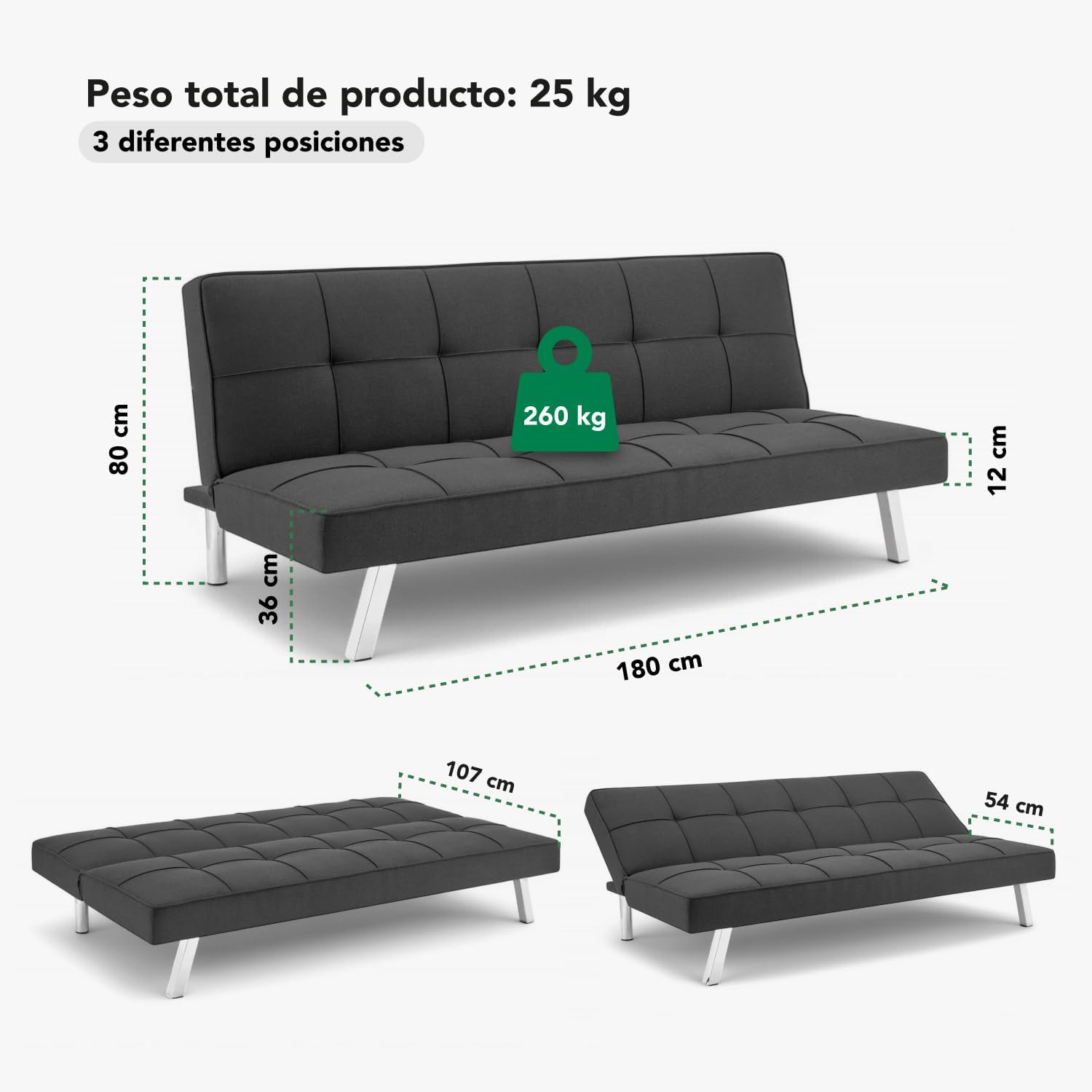Kingshouse | Sillón Sofá Cama Plegable Vega - Sala Moderna Minimalista - Tapizado Poliéster - Acolchoado - Estructura De Madera - Gris - para 3 Personas - Departamento o Casa