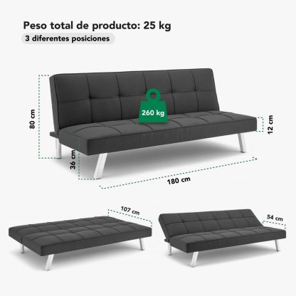Kingshouse | Sillón Sofá Cama Plegable Vega - Sala Moderna Minimalista - Tapizado Poliéster - Acolchoado - Estructura De Madera - Gris - para 3 Personas - Departamento o Casa