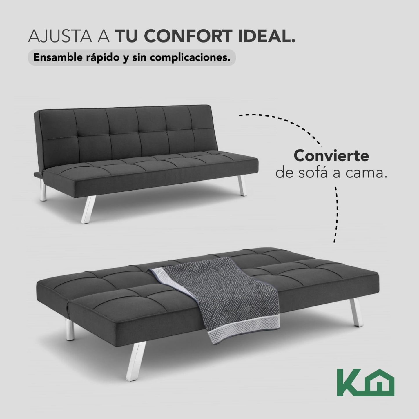 Kingshouse | Sillón Sofá Cama Plegable Vega - Sala Moderna Minimalista - Tapizado Poliéster - Acolchoado - Estructura De Madera - Gris - para 3 Personas - Departamento o Casa