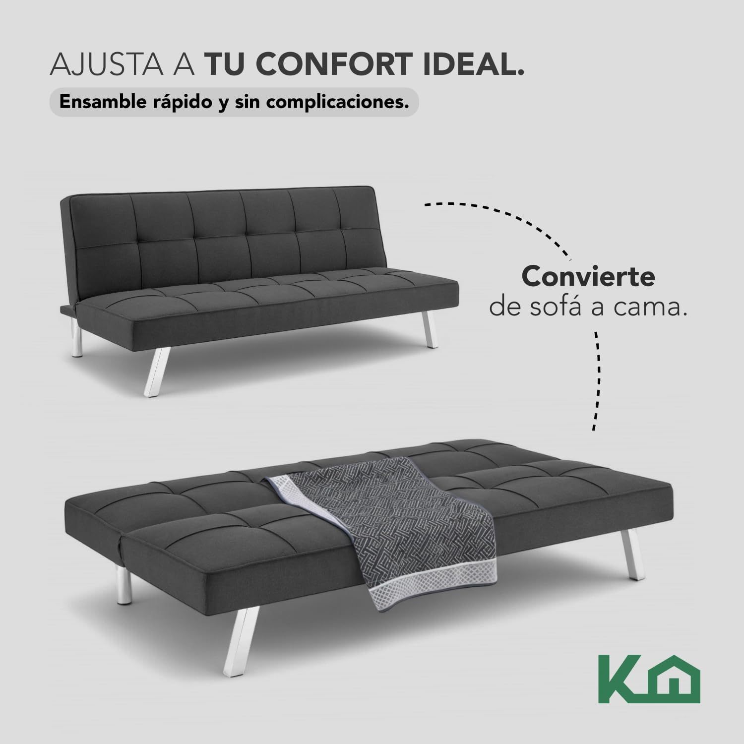 Kingshouse | Sillón Sofá Cama Plegable Vega - Sala Moderna Minimalista - Tapizado Poliéster - Acolchoado - Estructura De Madera - Gris - para 3 Personas - Departamento o Casa