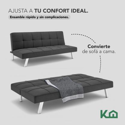 Kingshouse | Sillón Sofá Cama Plegable Vega - Sala Moderna Minimalista - Tapizado Poliéster - Acolchoado - Estructura De Madera - Gris - para 3 Personas - Departamento o Casa