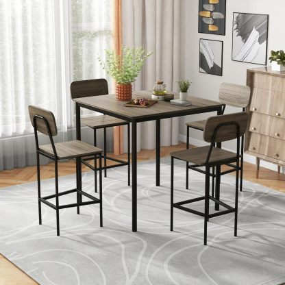 Juego de mesa de comedor de 5 piezas con mesa de altura y 4 taburetes de bar, juego de comedor industrial de cocina con reposapiés y respaldo, juego de comedor que ahorra espacio para pub,