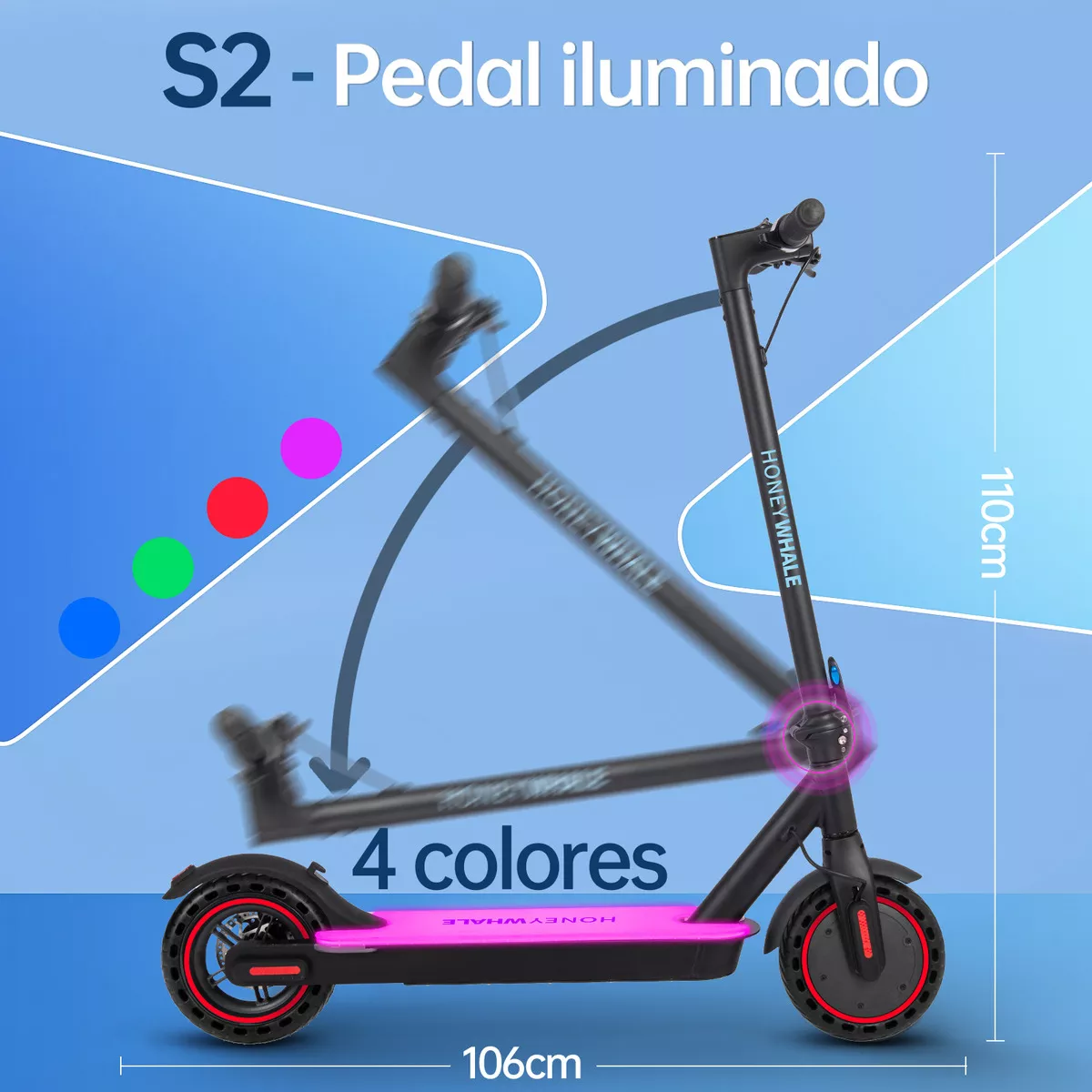 Scooter Eléctrico Patín Plegable Para Adultos S2-V2 Honey Whale Patin Electrico Con Motor Sin Escobillas Potencia Máxima 500w, Velocidad Máxima De 30km/h Con Luz Led En 4 Colores-Guantes