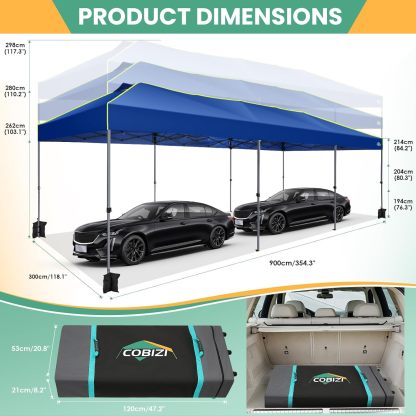 COBIZI - Tienda de campaña desplegable de 10 x 20 Pulgadas, Tienda de campaña instantánea Comercial para Bodas, Fiestas con 3 Altura Ajustable, toldo Ez Up para Exteriores, Impermeable, UPF50+ con