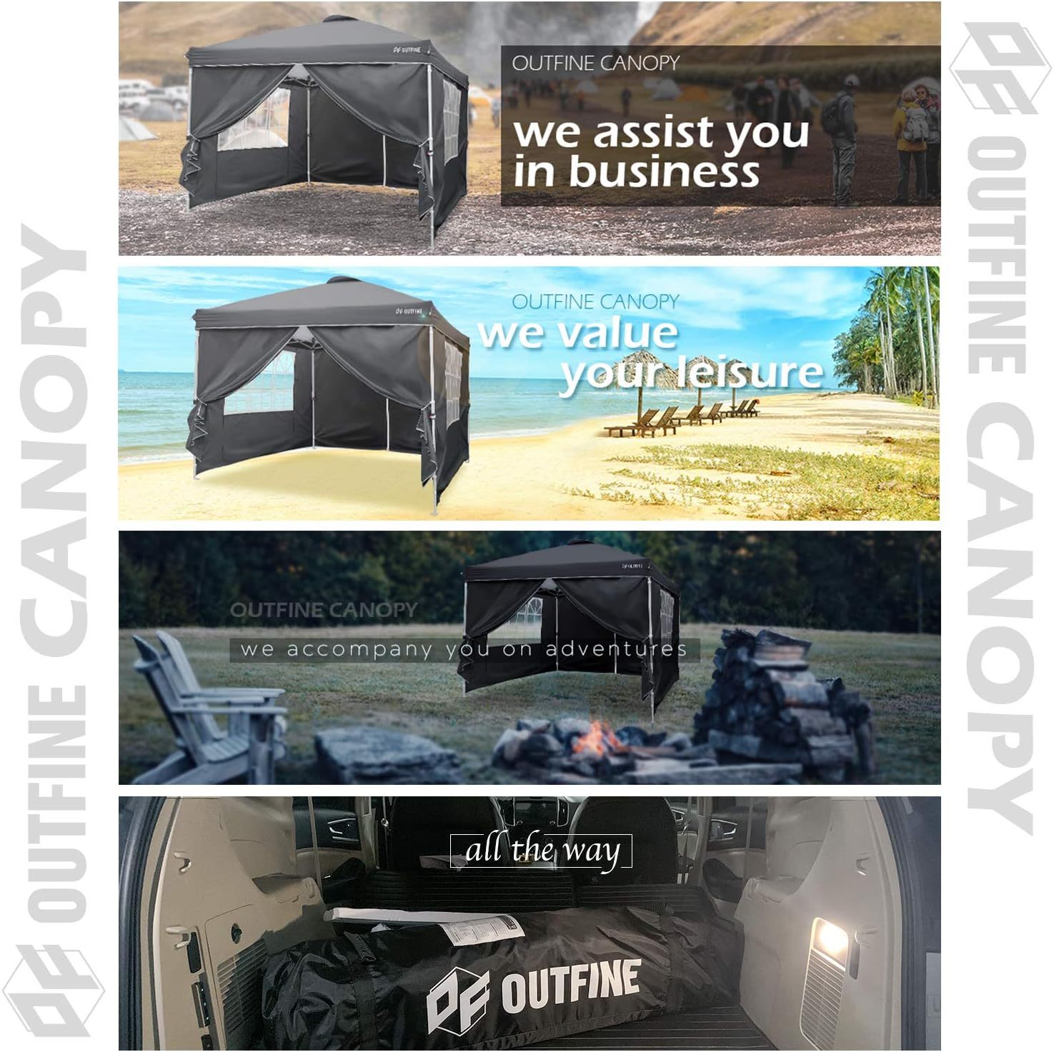 OUTFINE - Toldo desplegable de 10 x 10 pies, para cenador instantáneo, totalmente impermeable, toldos para fiestas al aire última intervensión con 4 paredes laterales extraíbles, estacas x 8, cuerdas x 4 (negro, 10 x 10 pies)