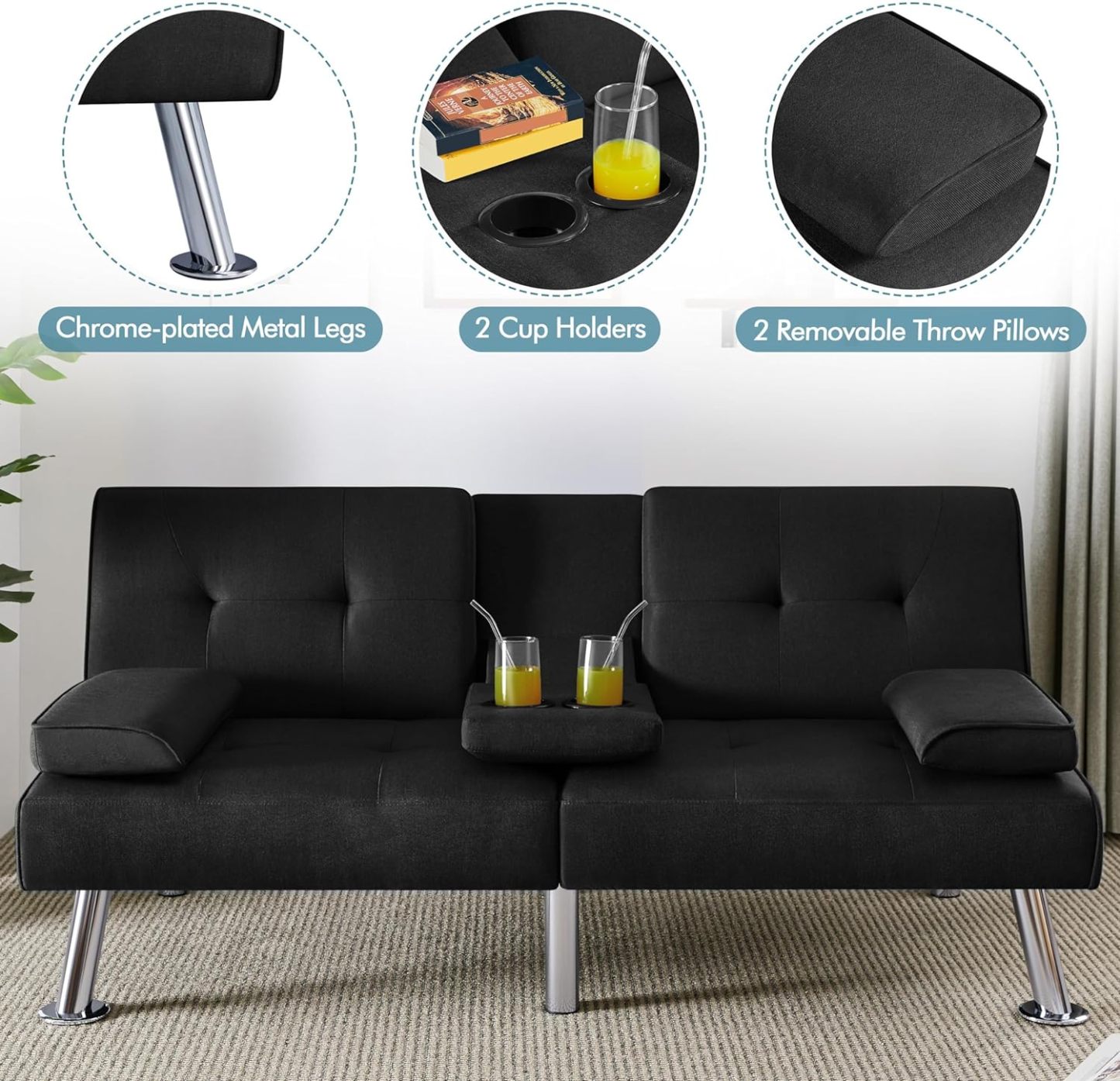 Yaheetech - Sofá cama convertible ajustable, moderno sillón reclinable, piel sintética, plegable, cama de invitados, reposabrazos extraíbles, portavasos 3 ángulos, capacidad de 317 kg, blanco
