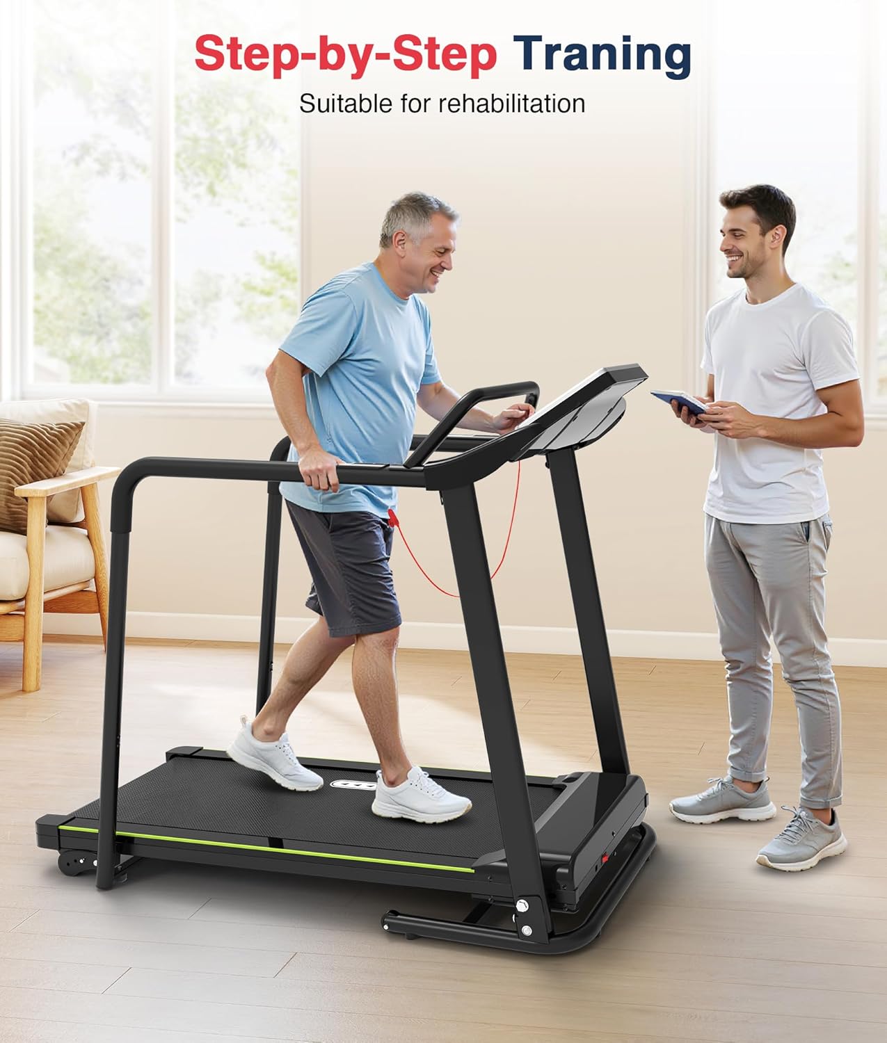 Redliro - Cinta de correr para caminar con pasamanos largos para equilibrio, mÃ¡quina de ejercicio de recuperaciÃ³n de fitness, plegable para uso domÃ©stico con soporte para telÃ©fono y taza