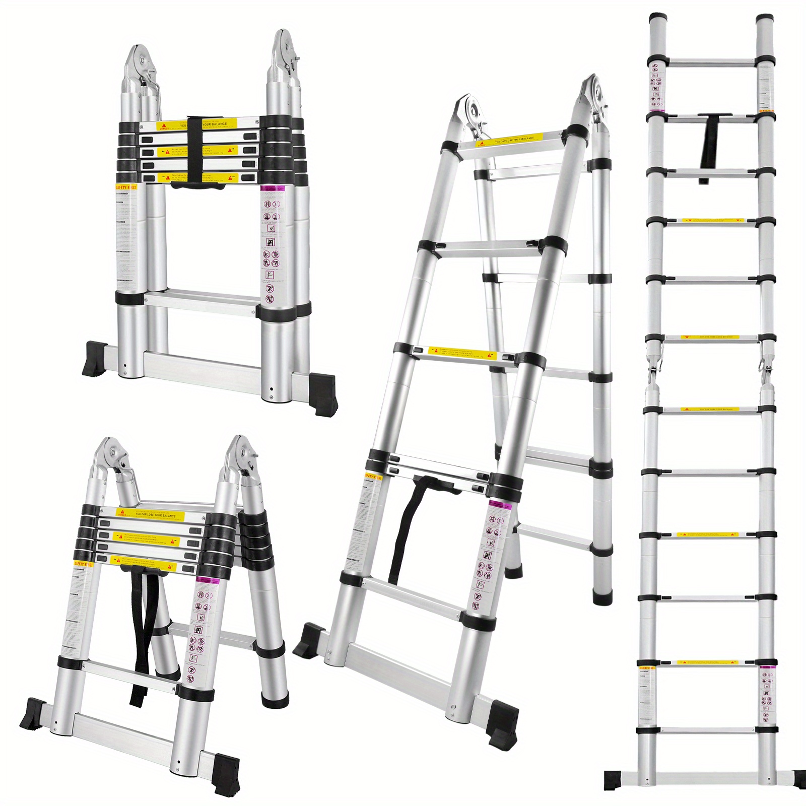 Escalera Telescópica Plegable de Aluminio Aweioo 3.8m, Escalera Extensible Antideslizante Multifunción, Carga Máxima: 150kg, Escaleras de Uso Múltiple, Diseño Compacto,Escalera Ligera,Escalera Duradera,Escalera Retráctil,Entusiastas del Bricolaje