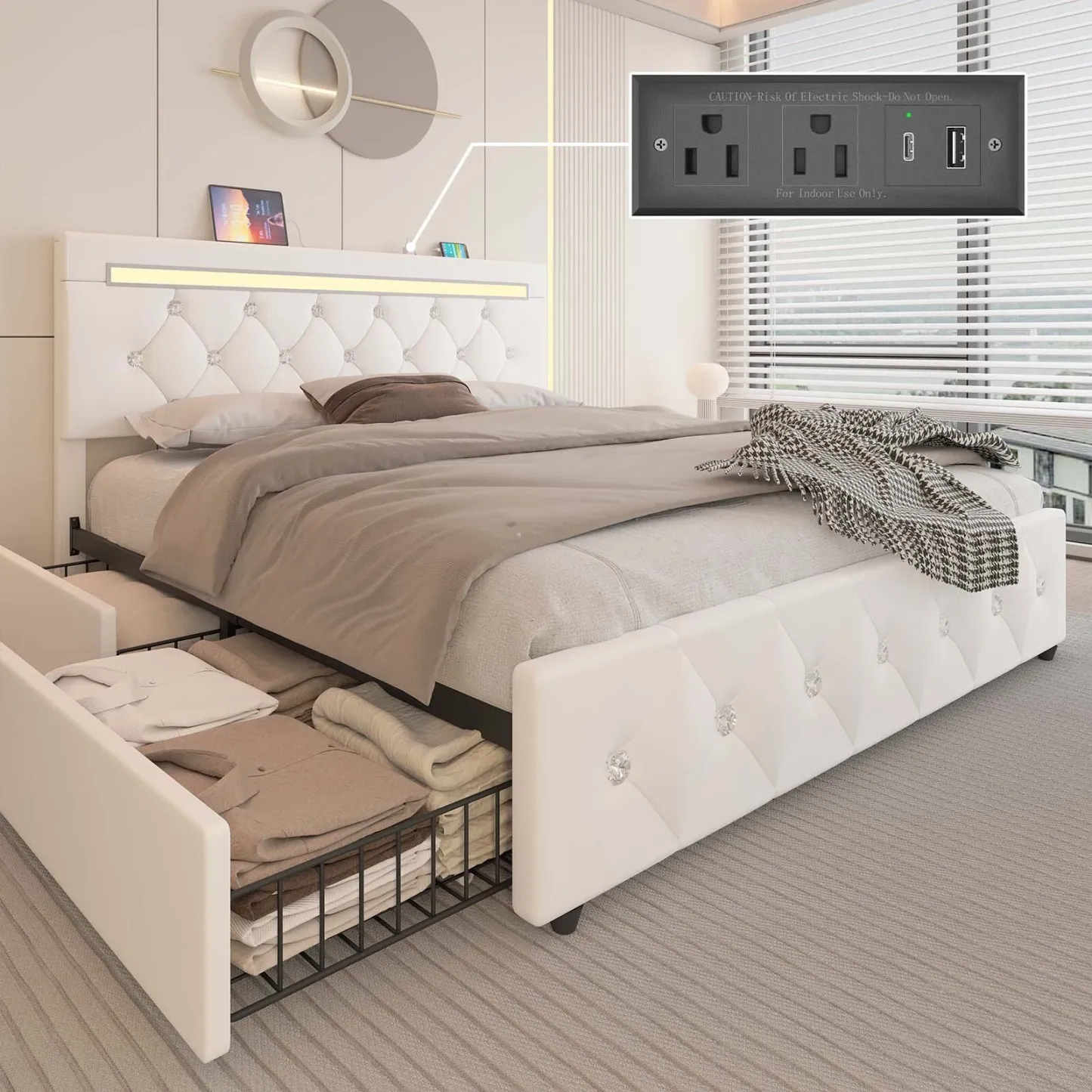 Marco de cama con plataforma tapizada en cuero de tamaño completo con luces LED y 4 cajones