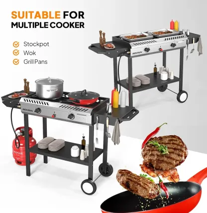 Estufa de gas propano para exteriores (2/3 quemadores) con encendido automático, regulador y estantes laterales — Potente cocina de pie de 150.000/225.000 BTU, ideal para cocinar en el patio trasero, elaboración casera de bebidas, envasado de alime