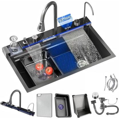 Fregadero de cocina multifuncional,tarjas para cocina acero inoxidable de 75x46 cm con pantalla digital,dispensador de jabón,tabla de cortar de doble cara fregadero de lujo con varios accesorios